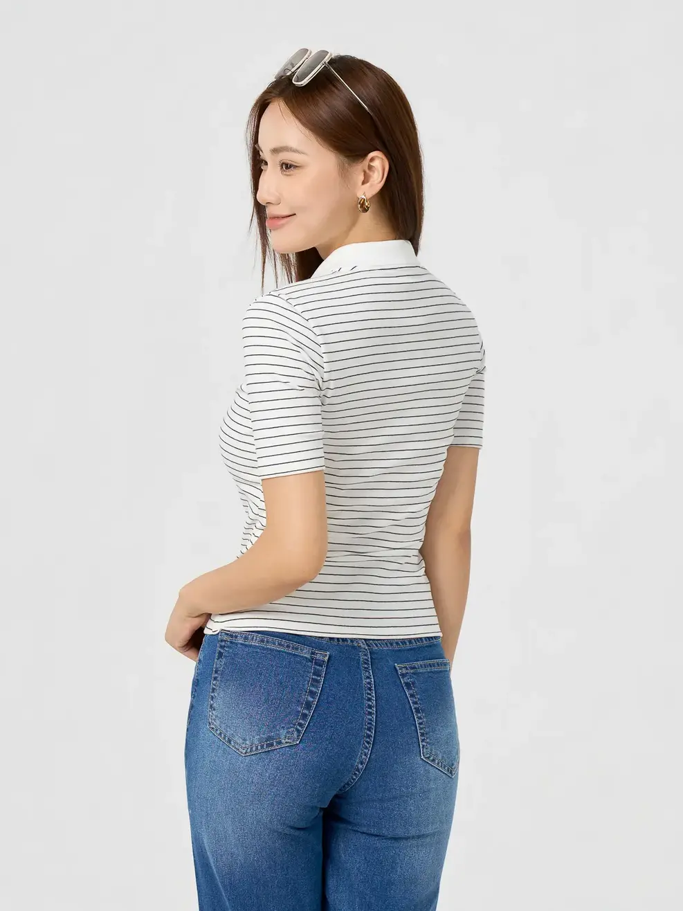 Áo Polo Nữ Kẻ Phối Bo Cổ - TRẮNG KẺ 1 - XS