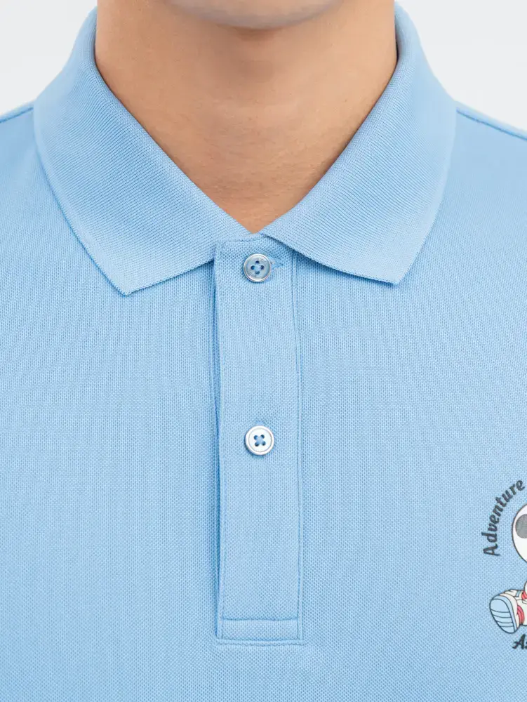Polo Nam Cafe Dệt Tổ Ong Mickey In Ngực - Xanh lơ - M