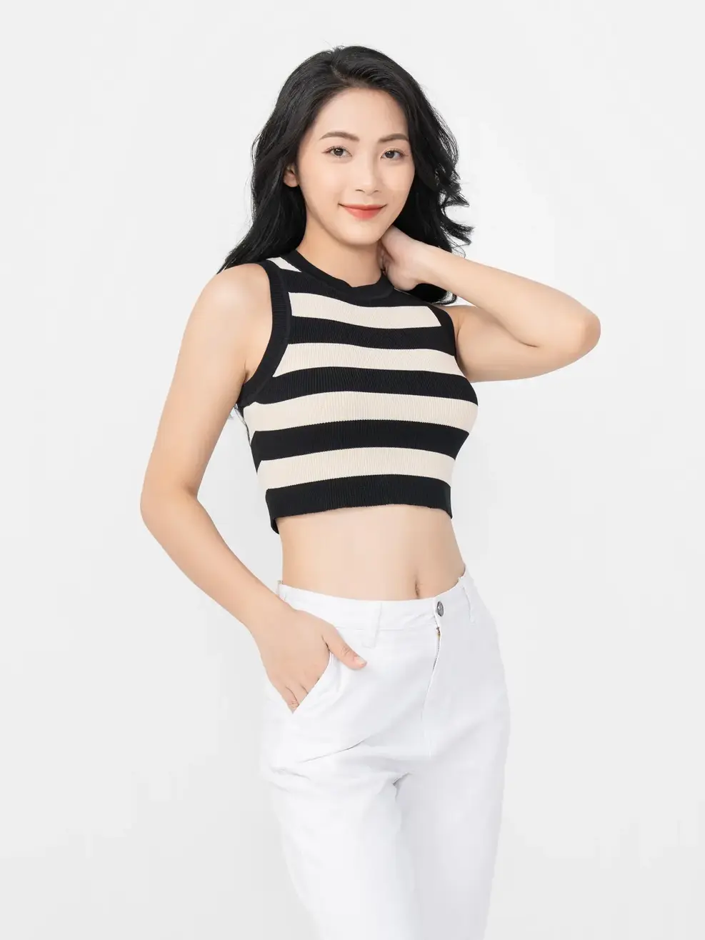 Áo Nữ Dệt 3 Lỗ Kẻ - Be đen - S