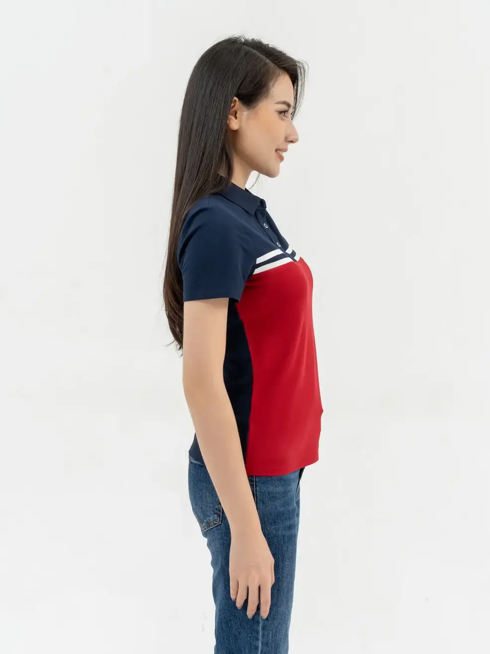 Áo Polo Nữ Mắt Chim Phối Màu In Kẻ - Đỏ - S