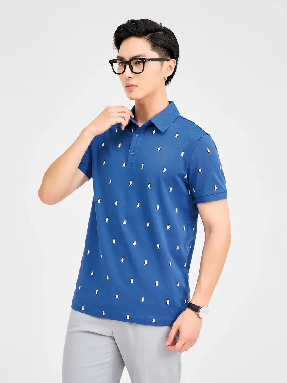 Polo Nam In Chim Cánh Cụt - Xanh Biển - XL