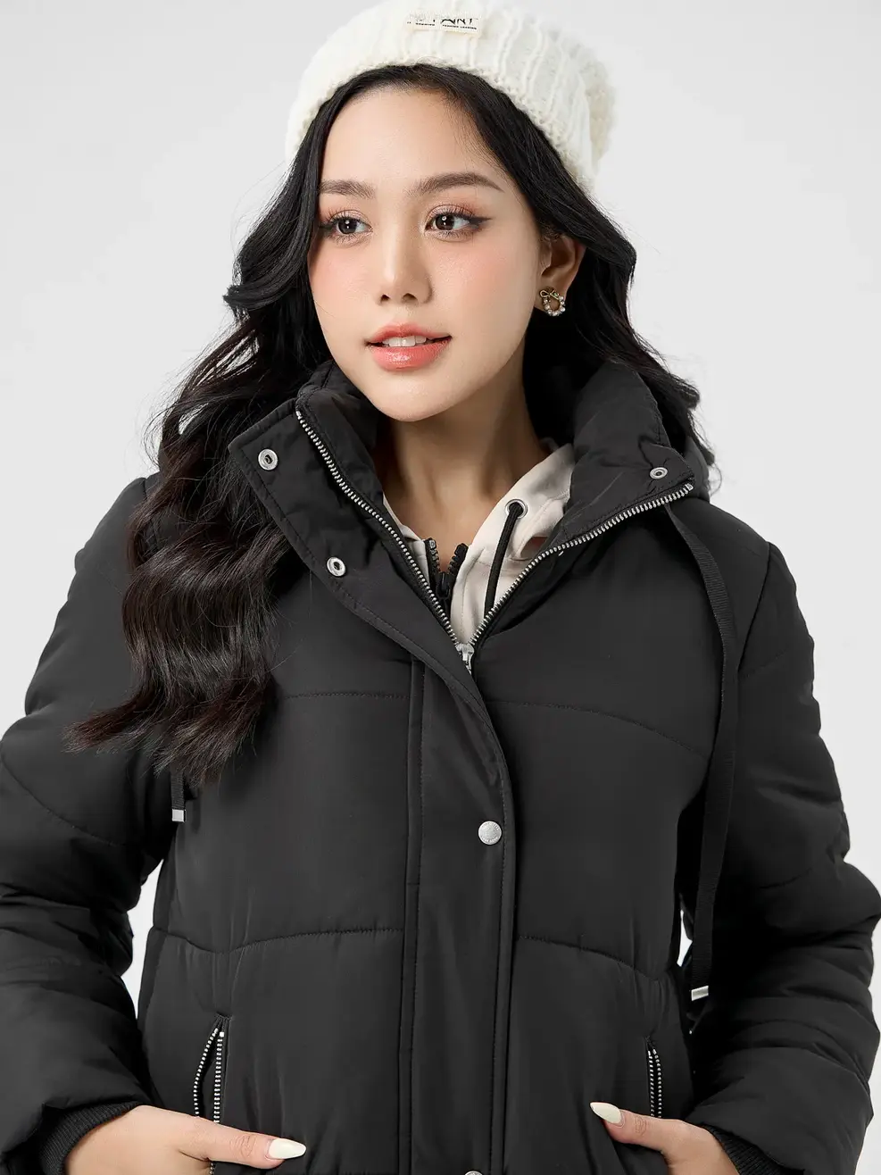 Phao Vip Nữ Dáng Dài  Khóa Phối Siêu Ấm - Đen - S