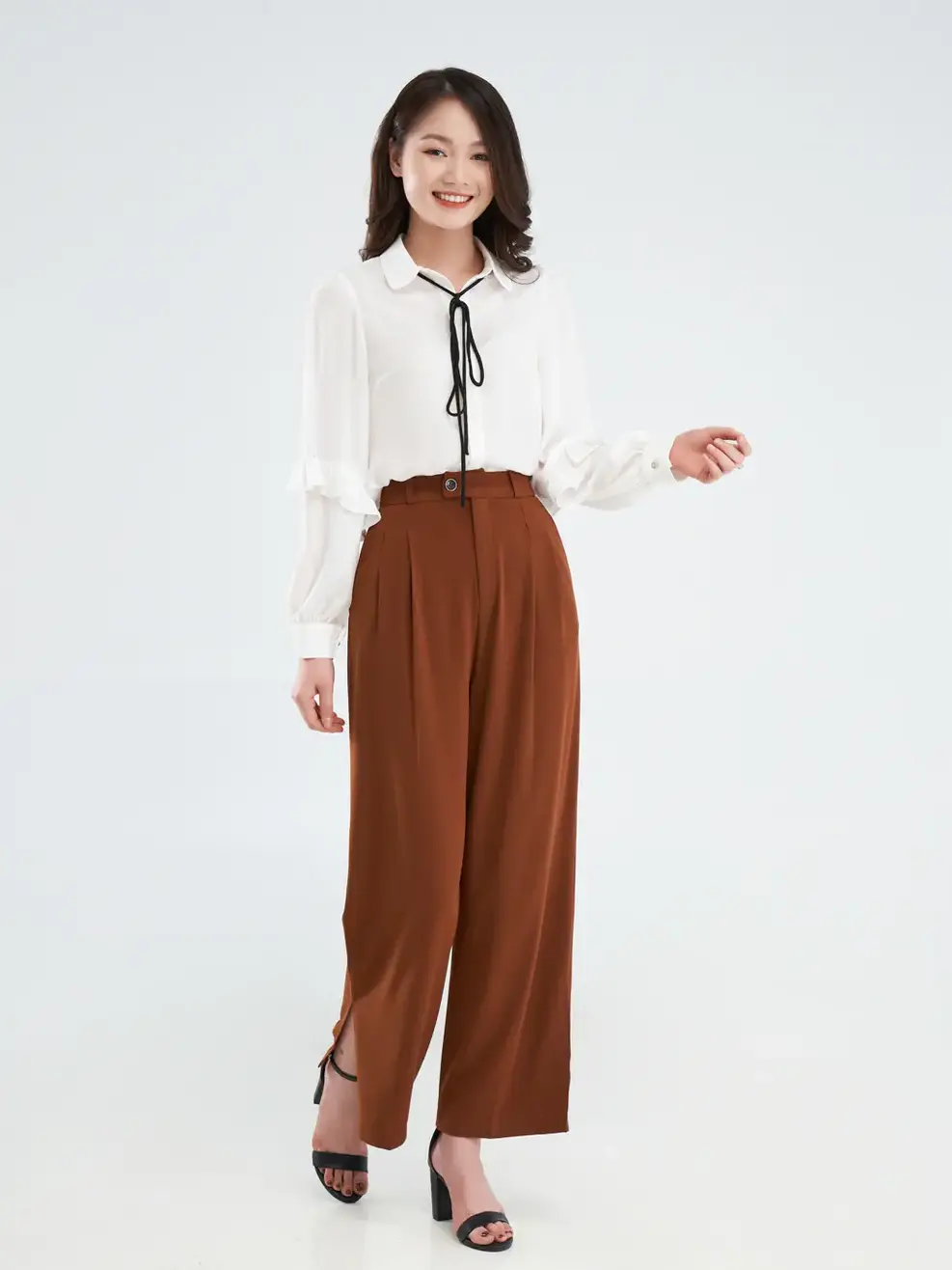Quần suông mềm xẻ gấu cạp cao - Nâu - L