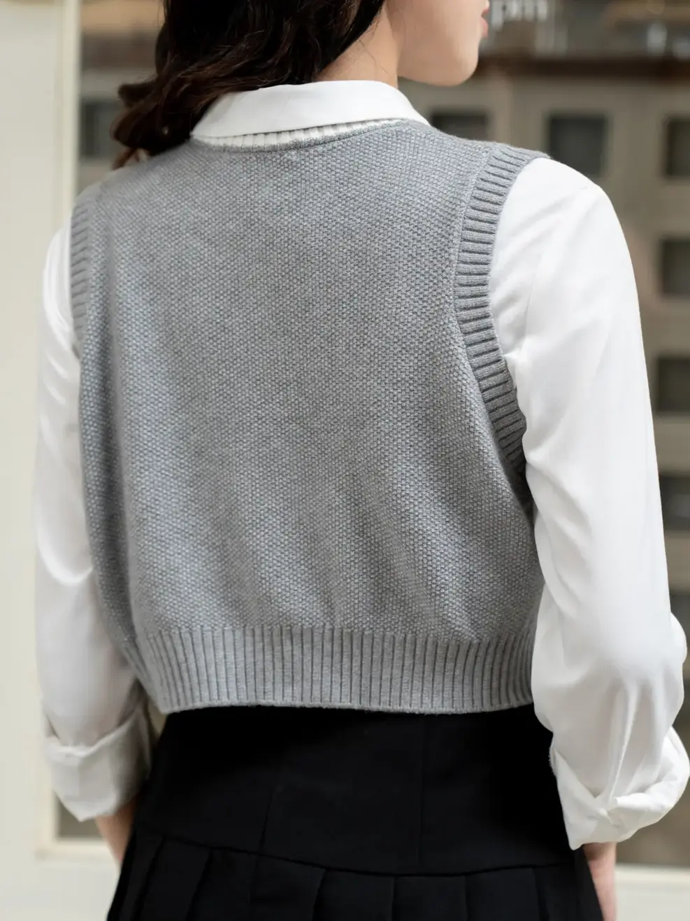 Áo len phối lé cúc sườn - Ghi - S