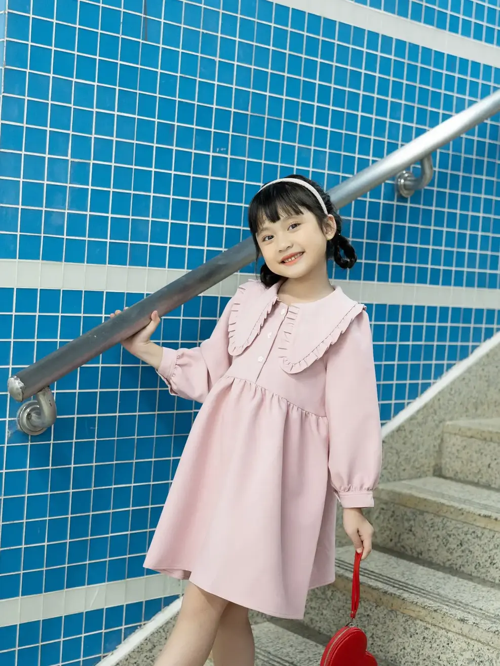 Váy Kid Nữ Lá Cổ To Nhún Bèo - Hồng - 2