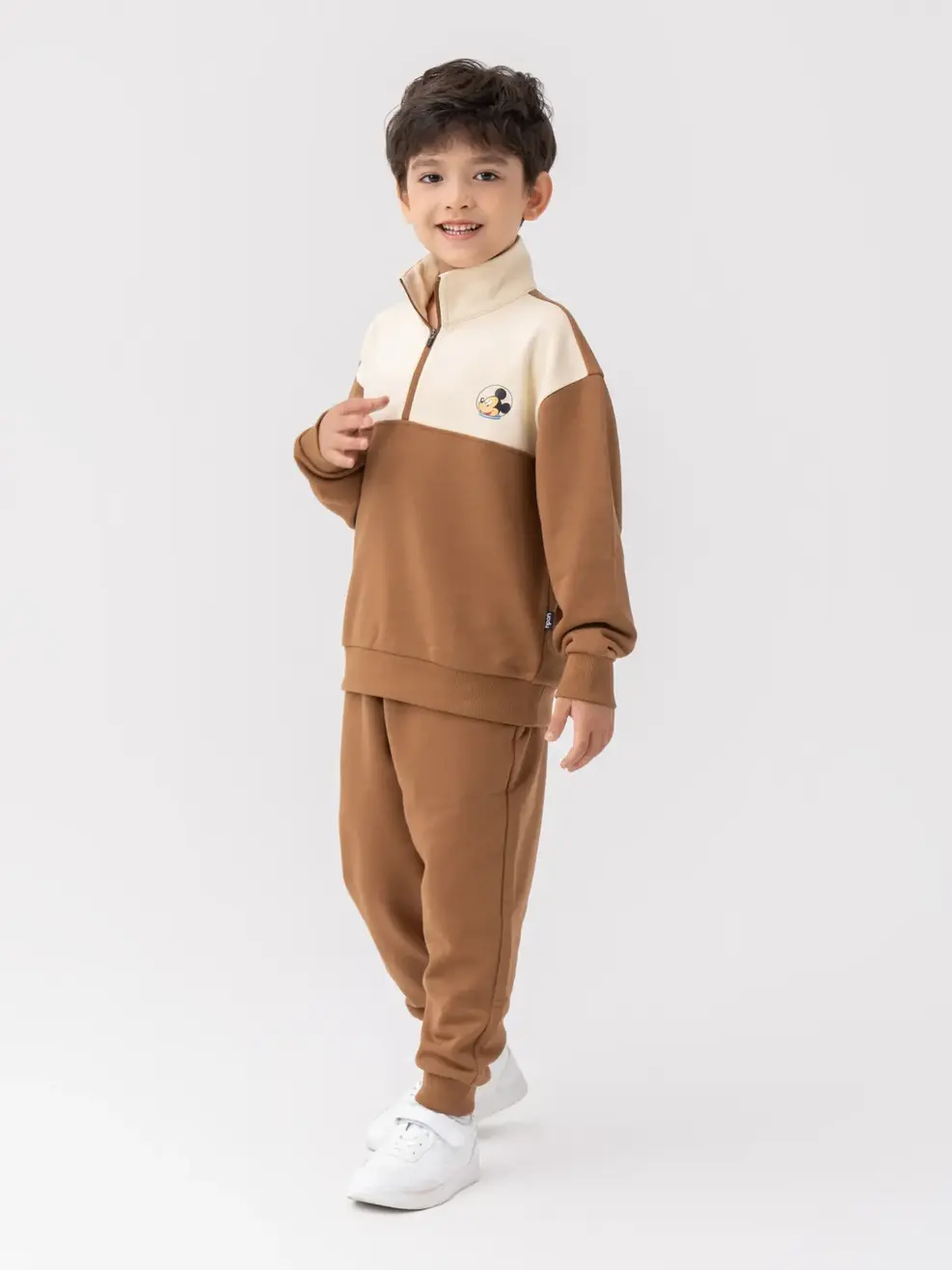 Bộ Đồ Thu Đông Kid Cổ 5 Phân  In  Mickey Sau Lưng - Nâu 1 - 2