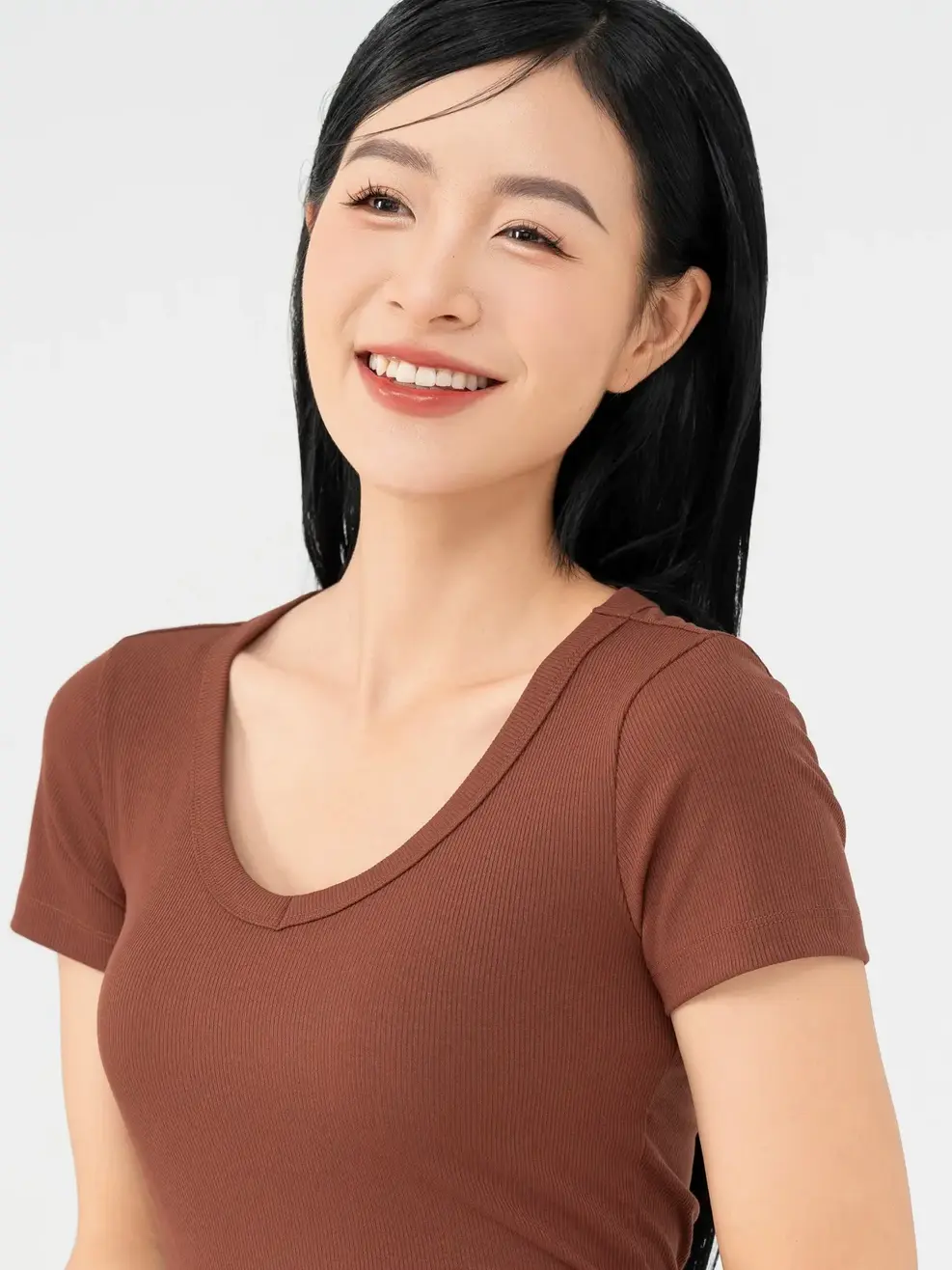 Áo Phông Nữ Thun Rib Cổ Tim - Nâu - S