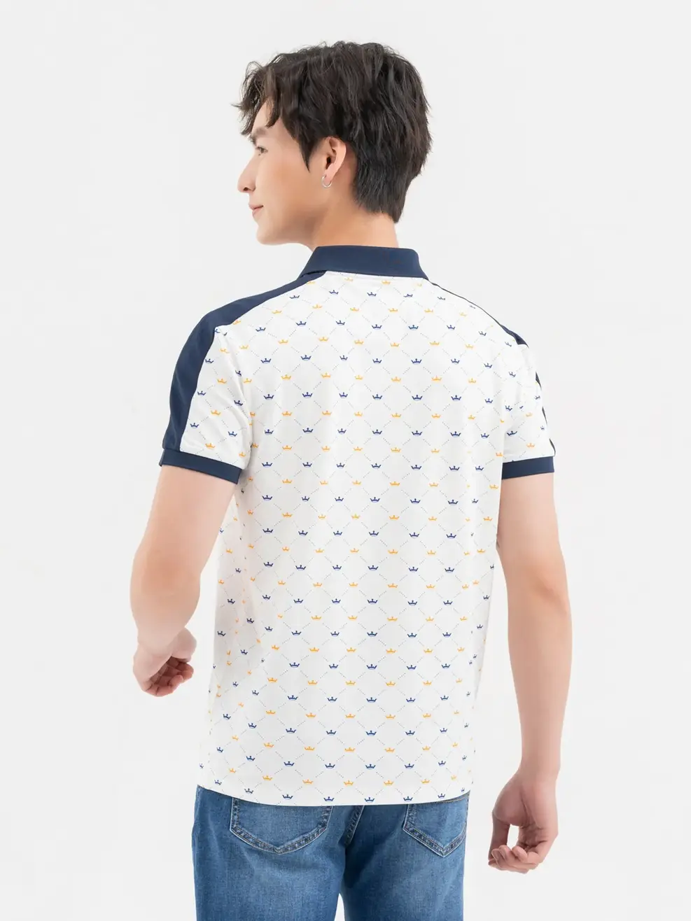 Áo Polo Nam In Vương Miện - Trắng phối navy - M