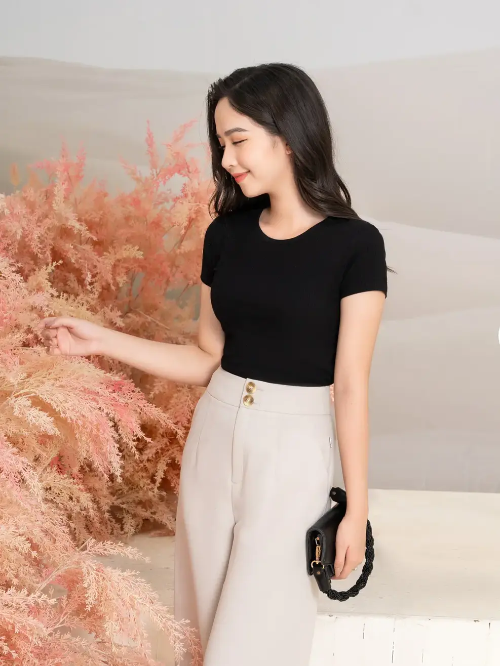 Áo thun rib cổ viền - Đen - L