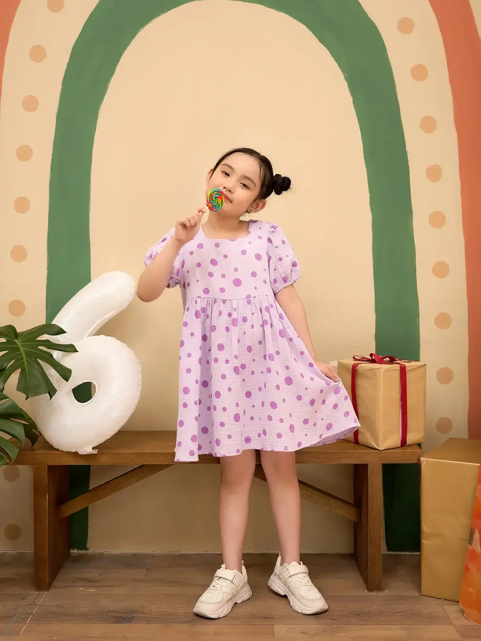 Váy kid nữ chấm bi - Tím - 5