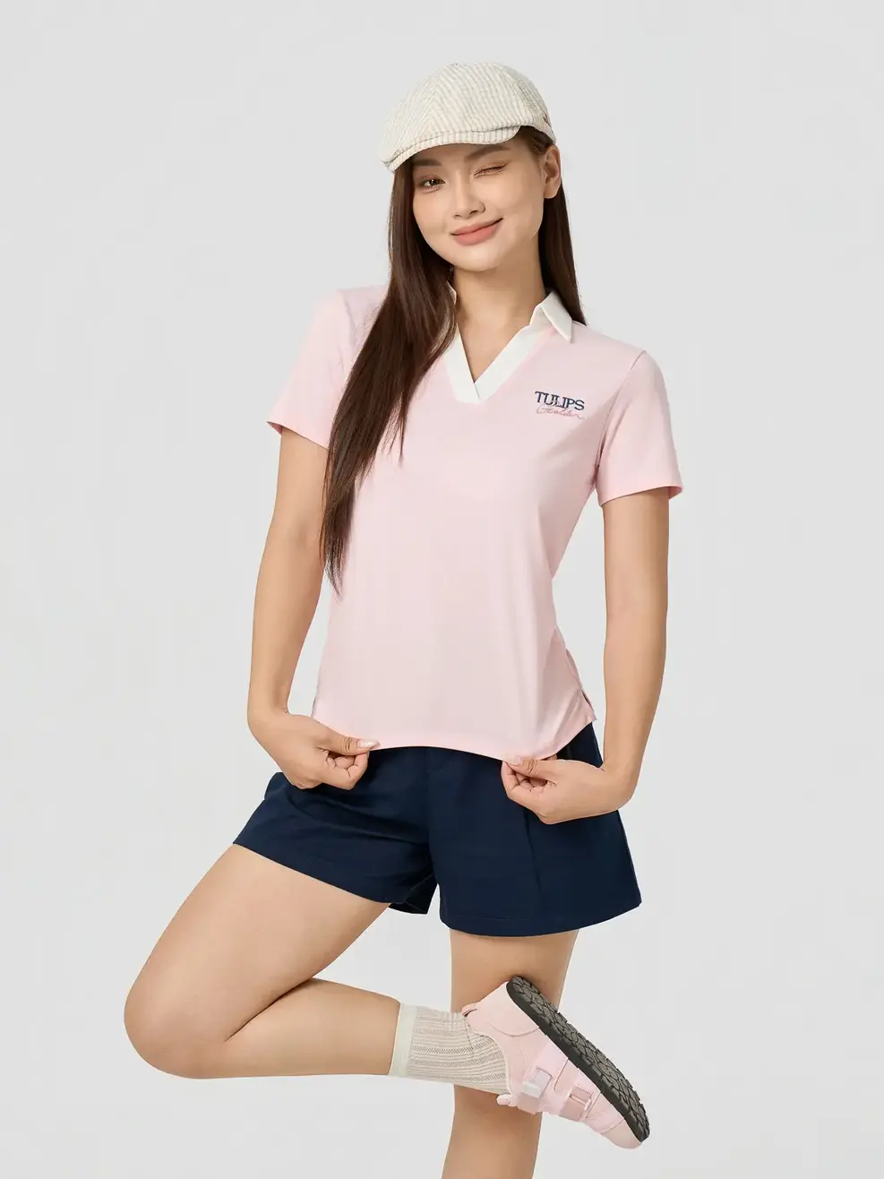 Áo Polo Nữ Cổ V Thêu Hình - Hồng 104 - XL