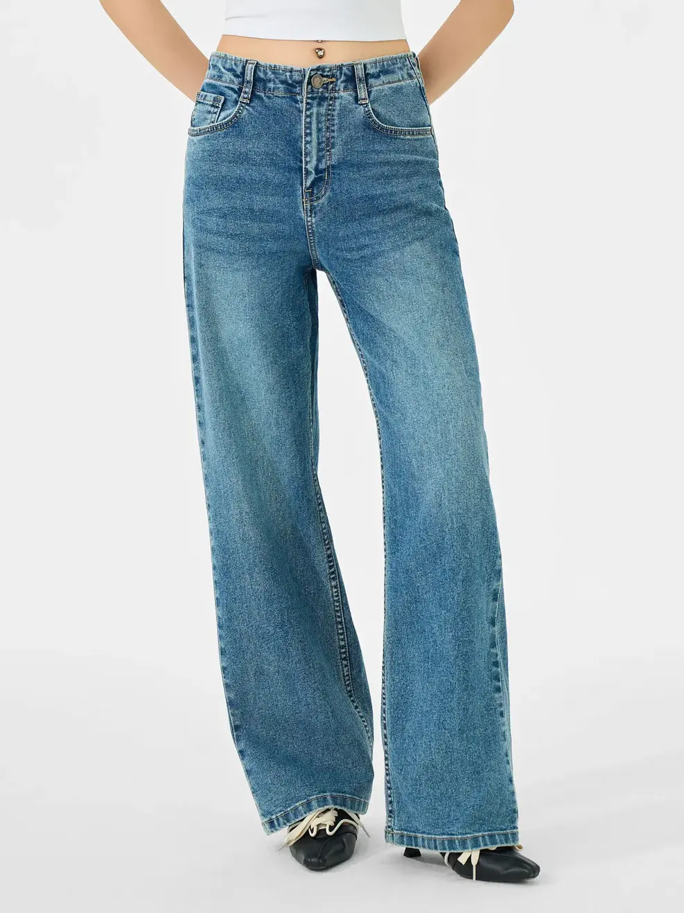 Quần Jeans Nữ Wide Leg Liền Cạp Chiết Ly - Màu chàm 001 - 26