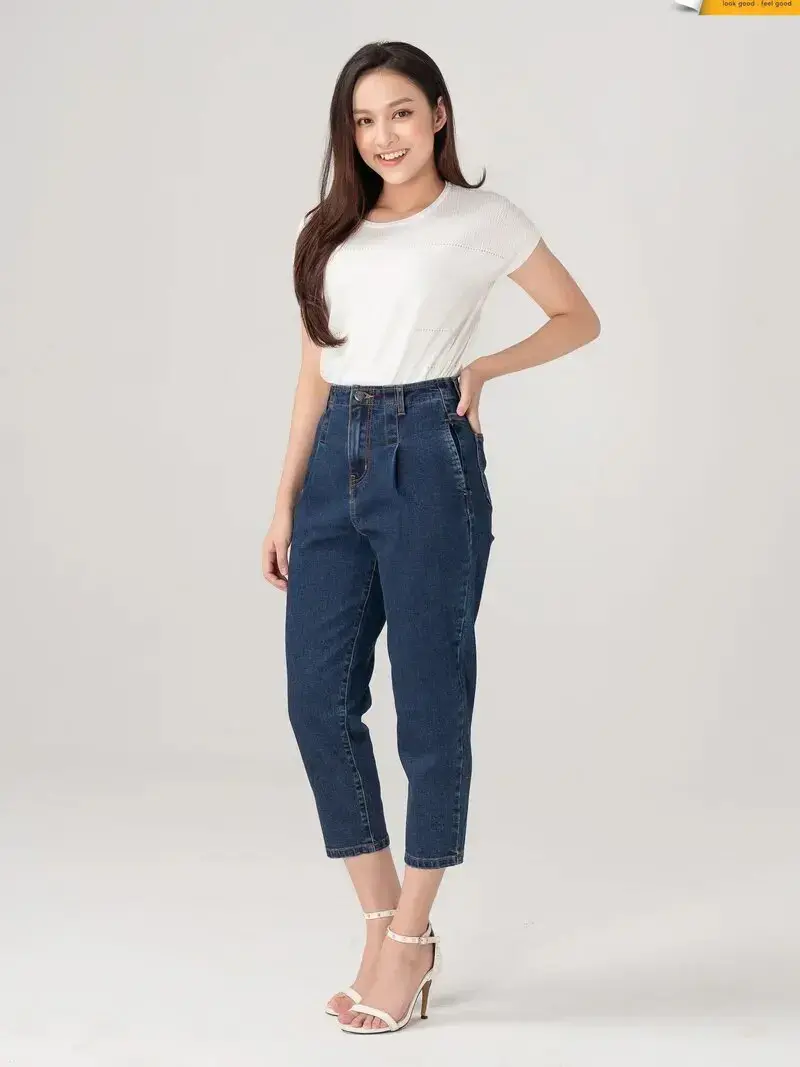 Jean nữ baggy cạp liền co giãn - Xanh đậm - 25