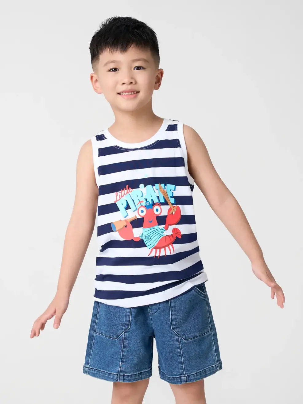 T-shirt Kid Ba Lỗ Dệt Kẻ - Kẻ navy - 2-3