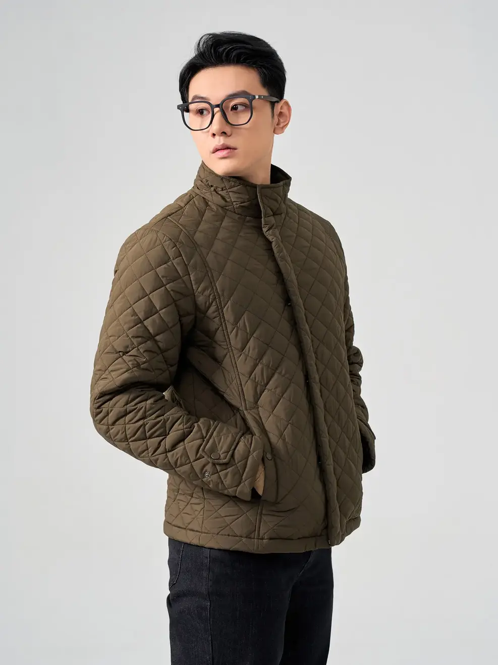 Áo Phao Nam Trần Trám Nẹp Giấu Khoá - Rêu - M