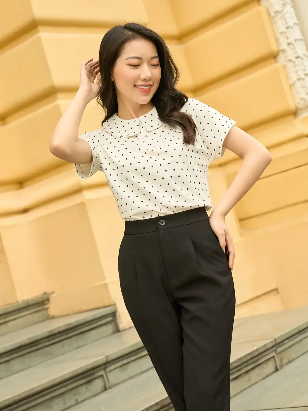 Áo polo nữ mắt chim chấm bi cổ sen - Trắng - S