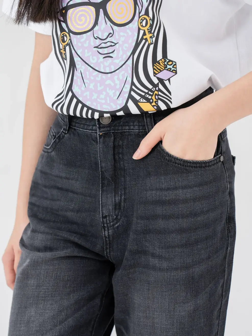 Quần Jean Nữ Baggy Cotton Chiết Ly Ống - Đen - 25