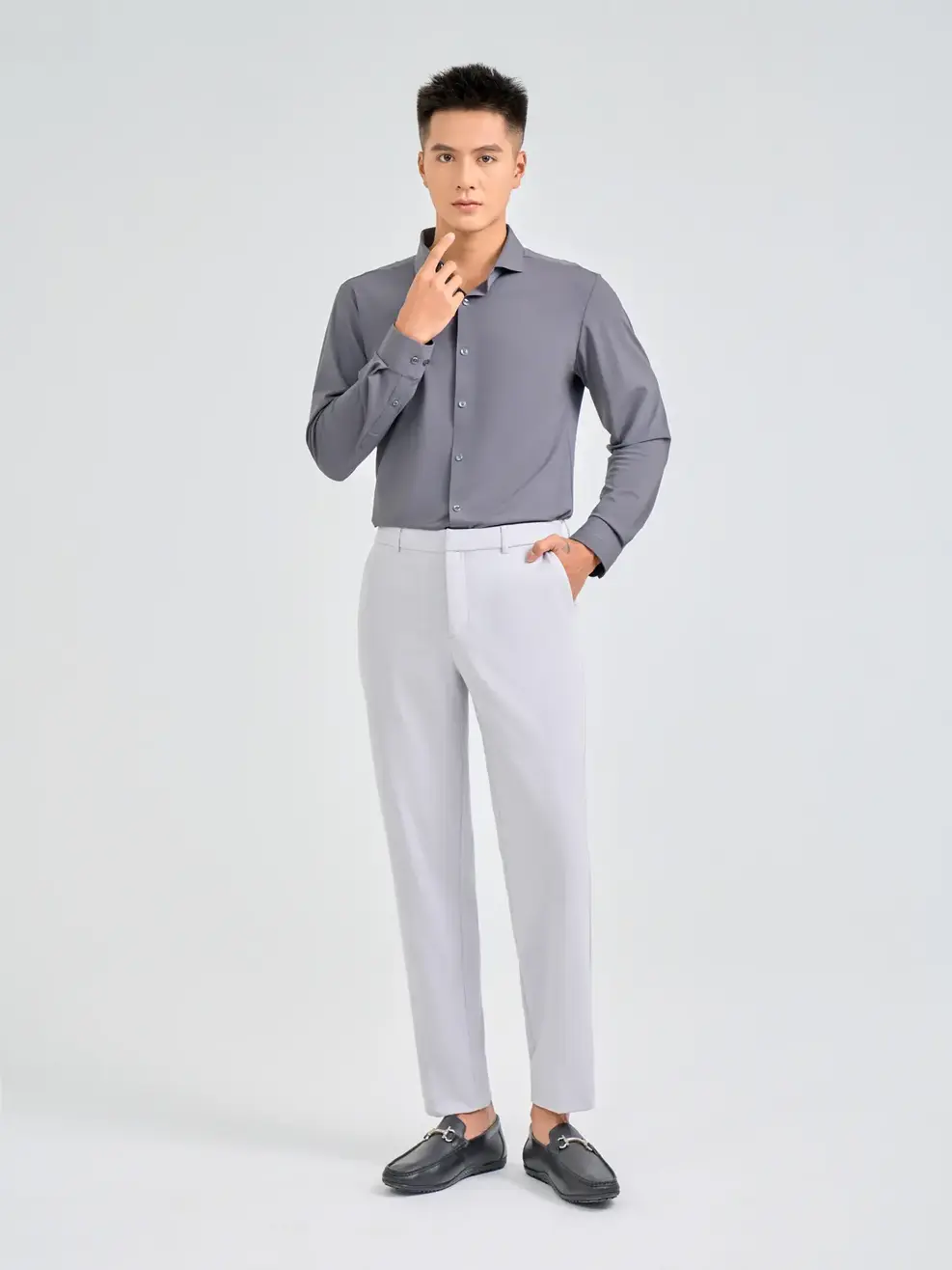 Sơ Mi Tay Dài Nam Siêu Co Giãn - Ghi Đậm - M