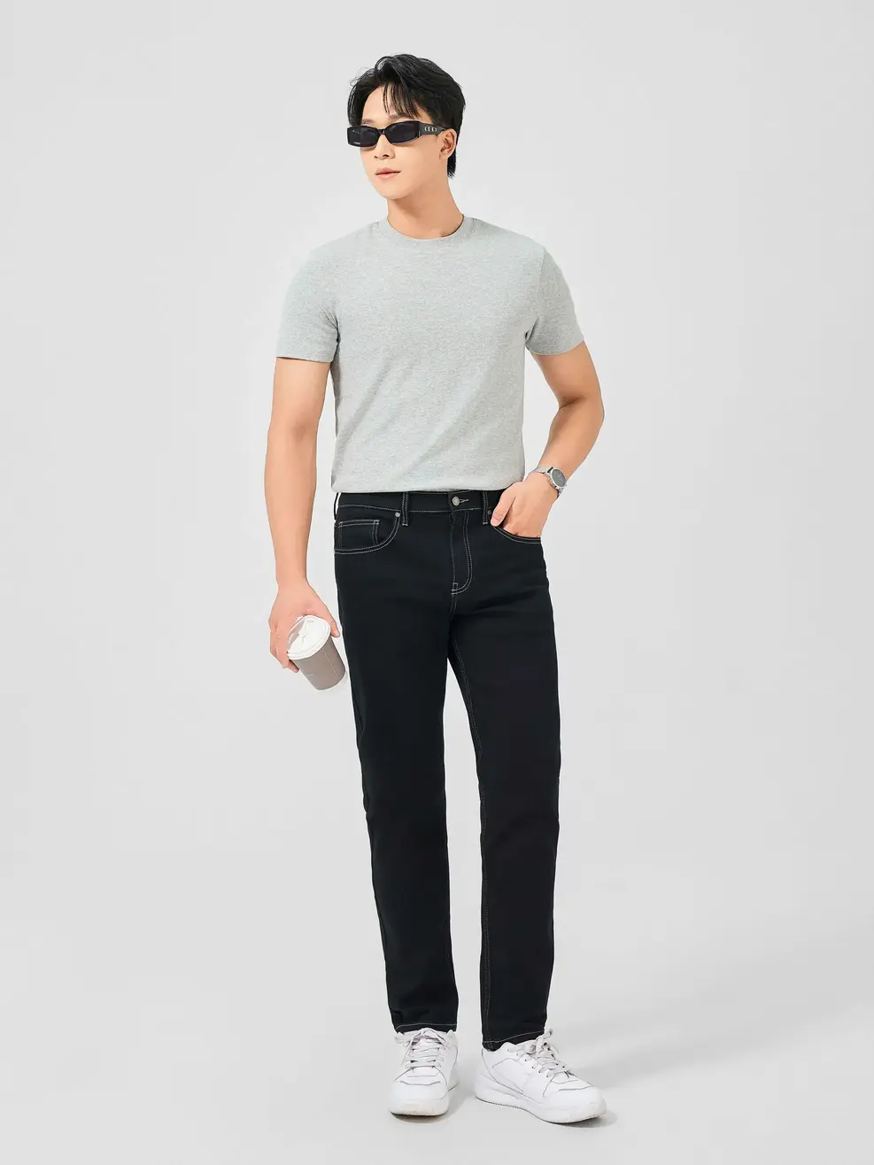 Quần Jeans Nam Slim Cafe Phối Chỉ Mác Da - Đen - 28