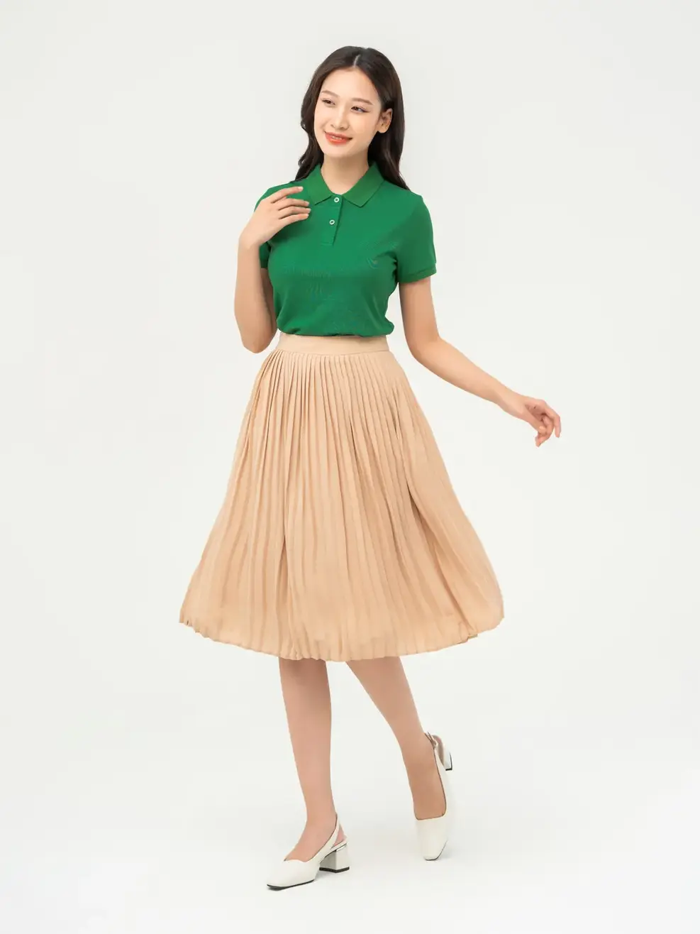 Polo Nữ Cafe Dệt Tổ Ong Basic - Xanh Lá - S