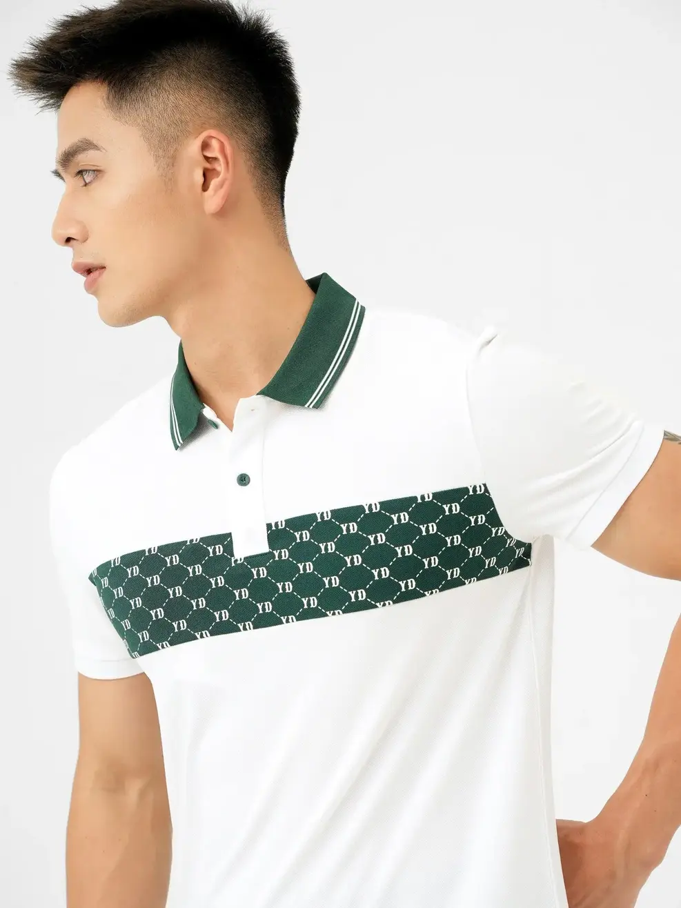 Polo Nam Cafe Hoạ Tiết Monogram - Xanh rêu - M