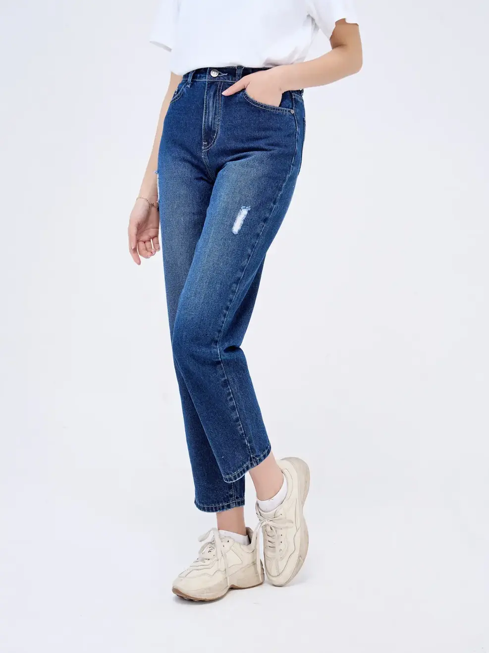 Quần Jeans nữ rách baggy - Xanh đậm - 29