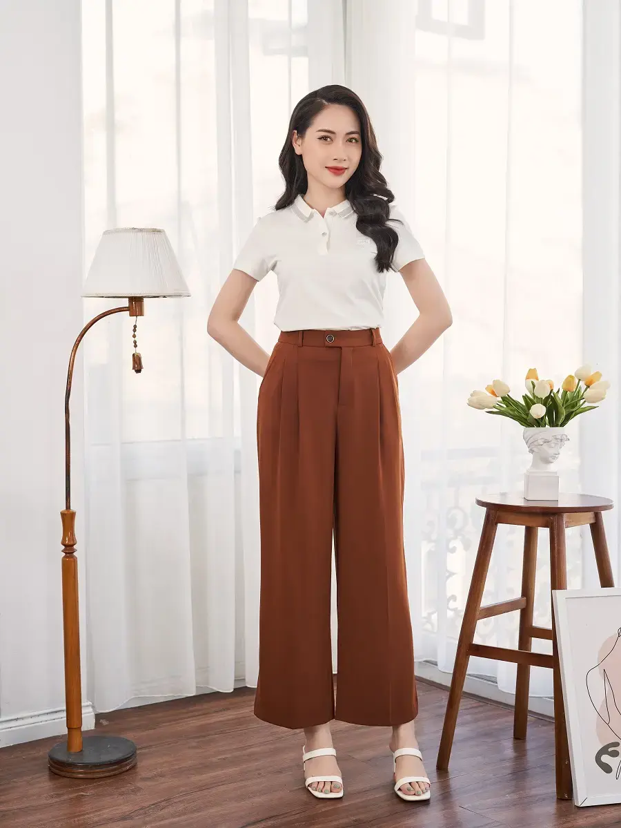 Quần suông mềm xẻ gấu cạp cao - Nâu - L