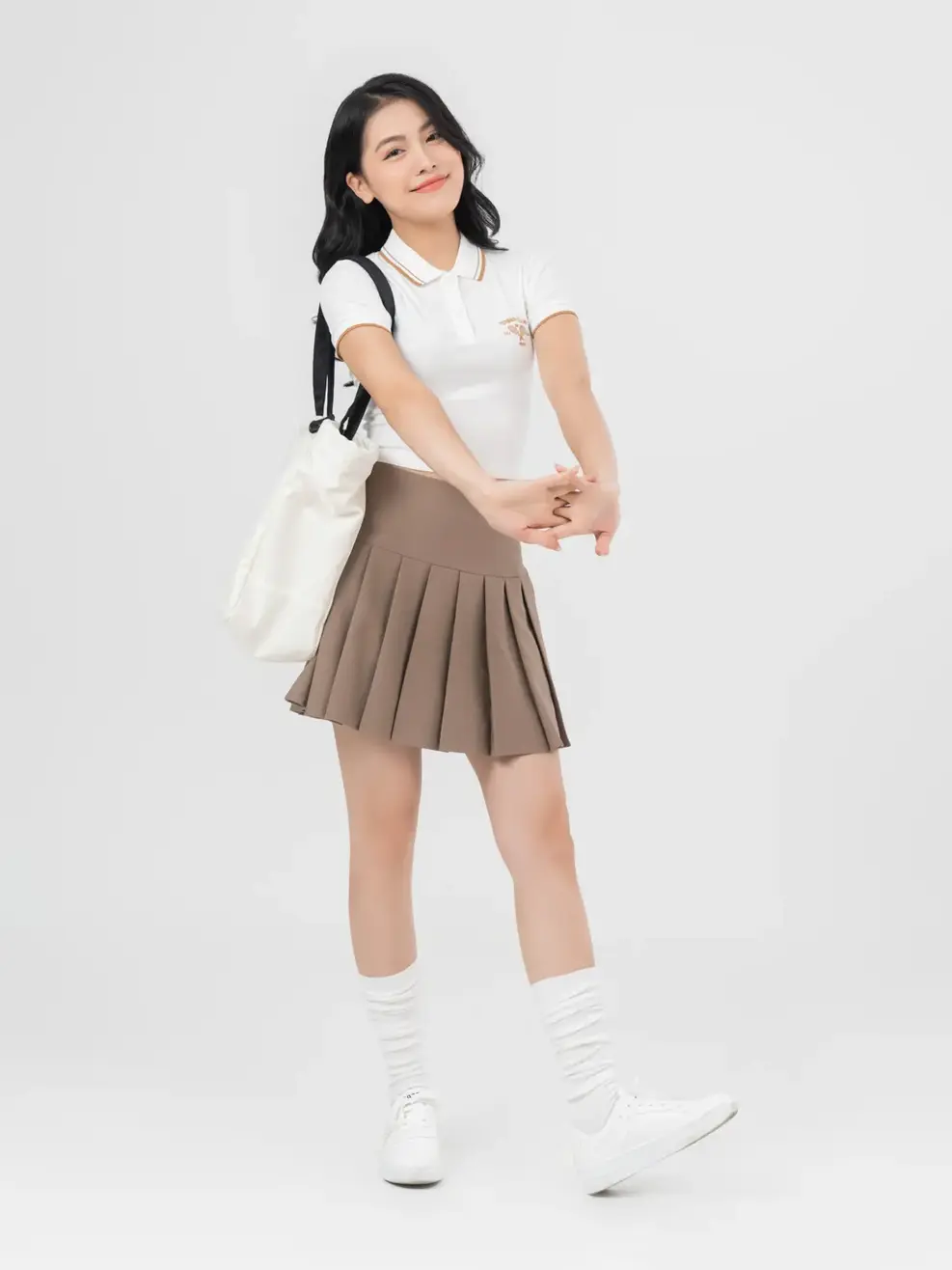 Polo Nữ Thun Rib Thêu Hình - Trắng - S