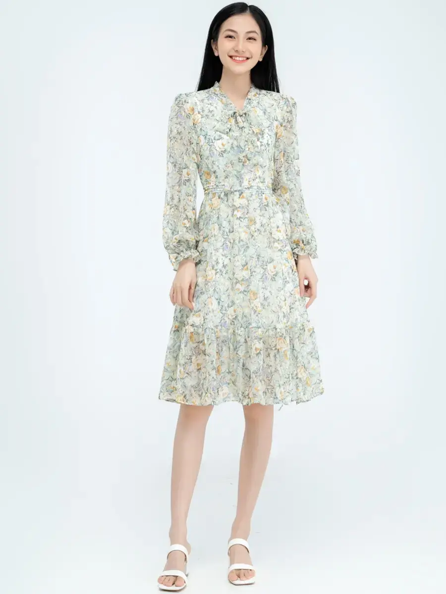 Đầm hoa nhí cổ buộc nơ - Xanh - S
