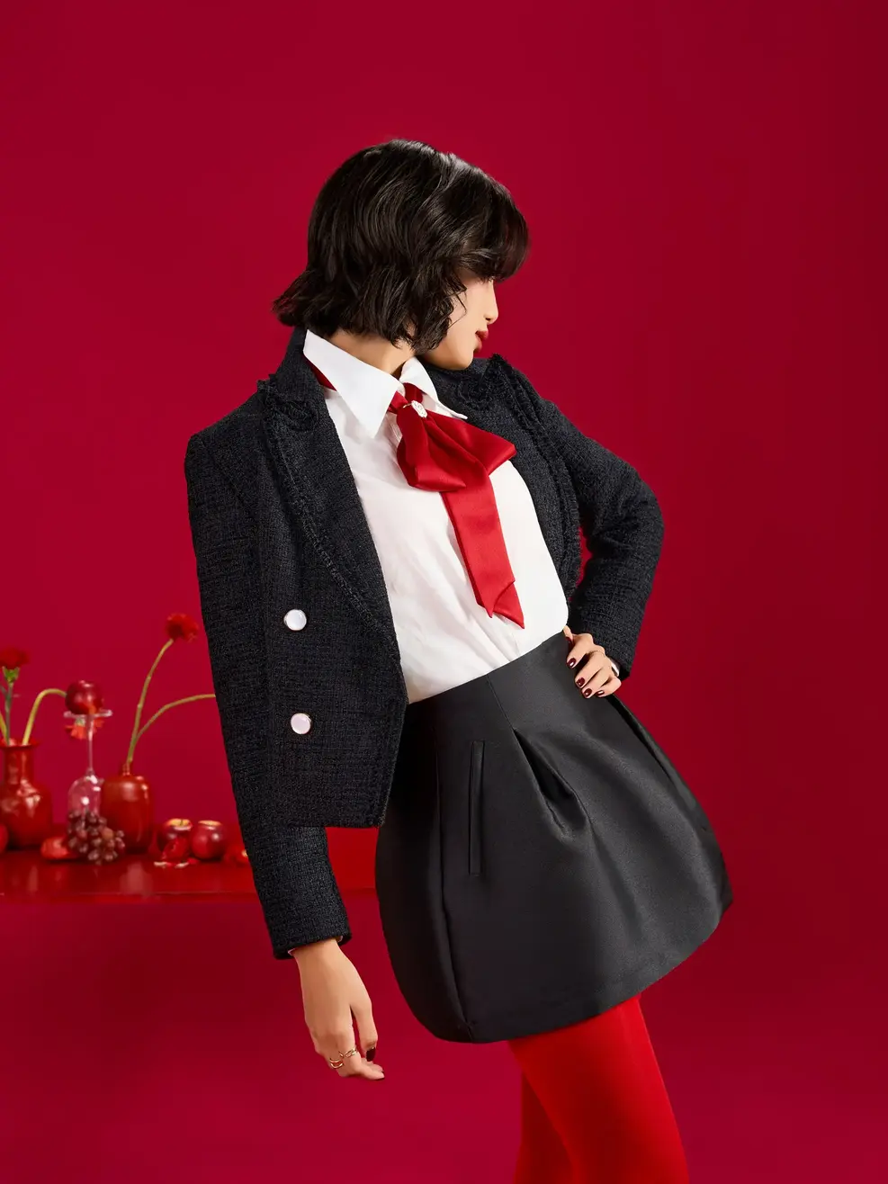 Áo Khoác Nữ Dạ Tweed Cổ Vest  - Đen - S