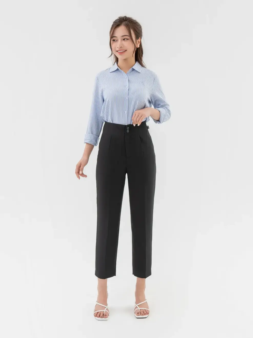 Quần Âu Nữ Dáng Baggy Ly Súp 2 Cúc - Đen - S