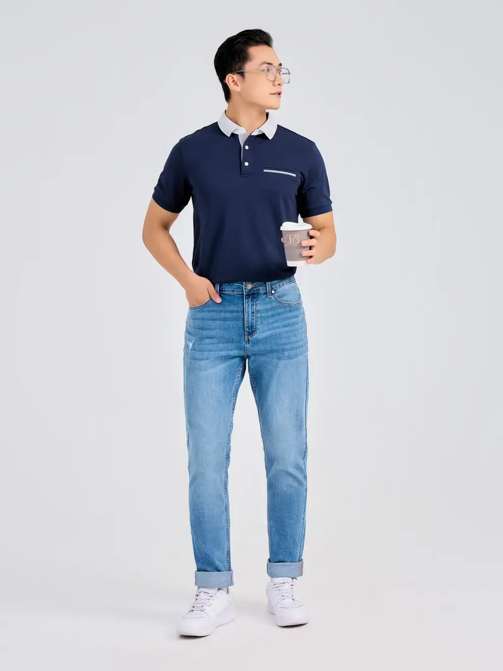 Quần Jeans Nam Slim Fit Mài Xước  - Xanh nhạt - 28