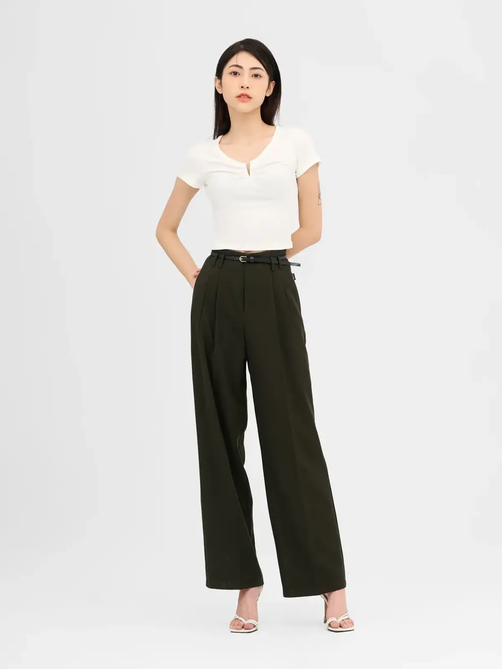 Quần Tây Nữ Suông Cạp Cao Đai Eo - Rêu - XL