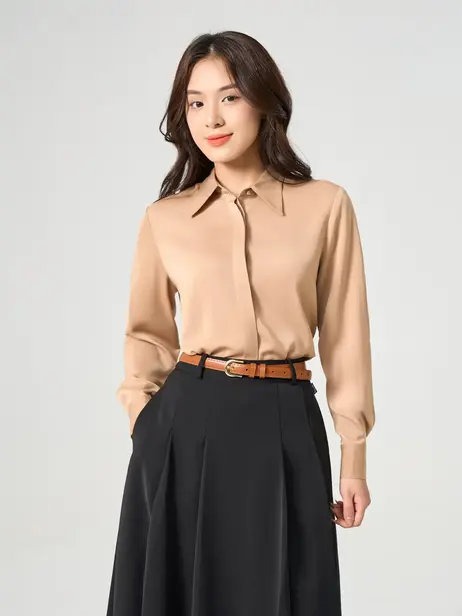 Áo Sơ Mi Tay Dài Nữ Nẹp Dấu Khuy Cơ Bản