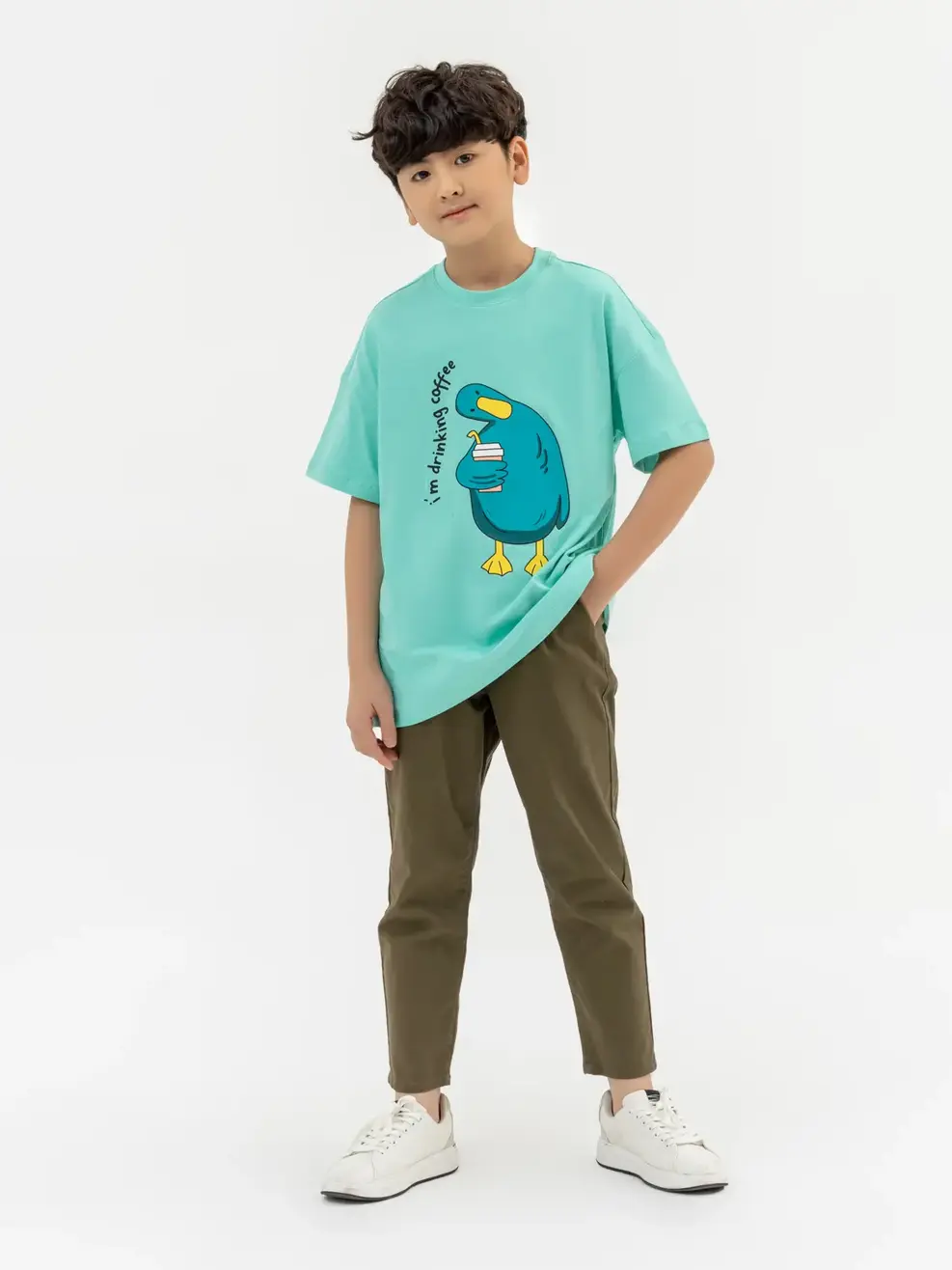 T-shirt Kid Lớn In Vịt Uống Coffee - Xanh ngọc - 14