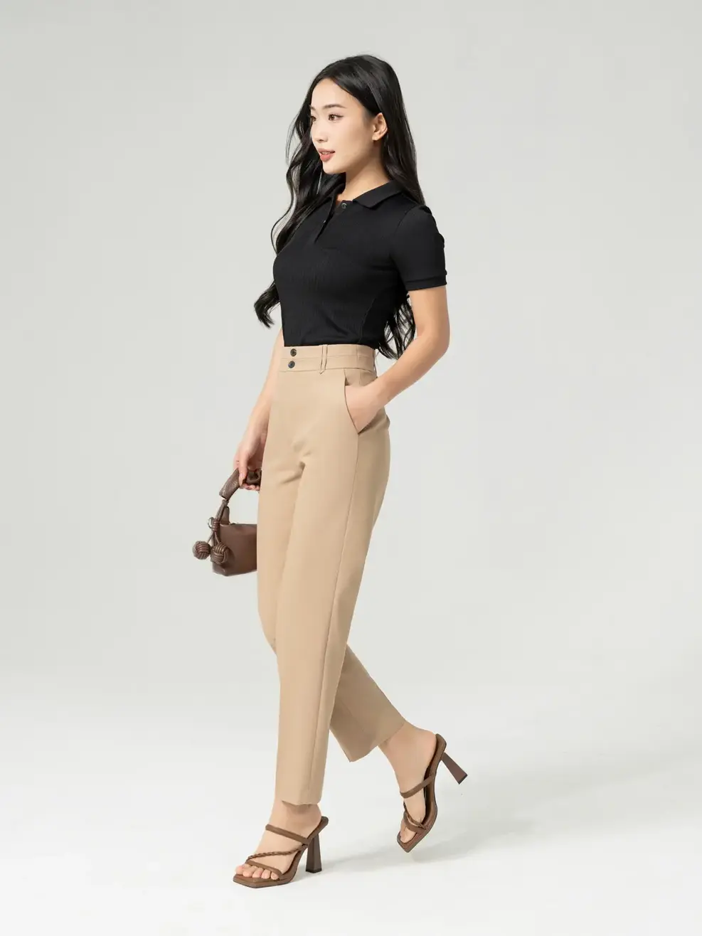 Quần Tây Nữ Cạp Kép Đỉa Trang Trí - Nâu be - M