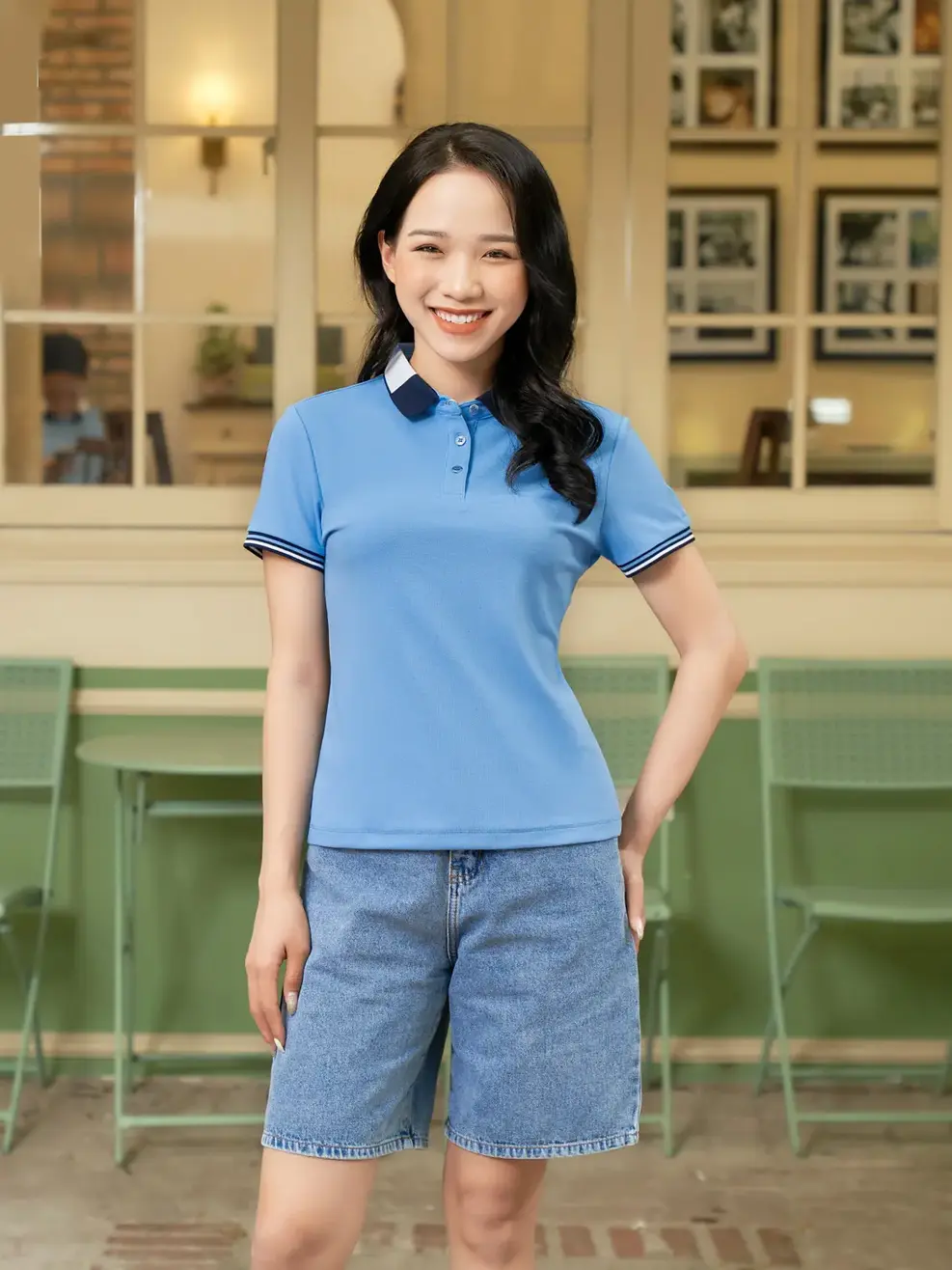 Áo Polo Nữ Airy Cafe bo 3 màu - Xanh Biển - S