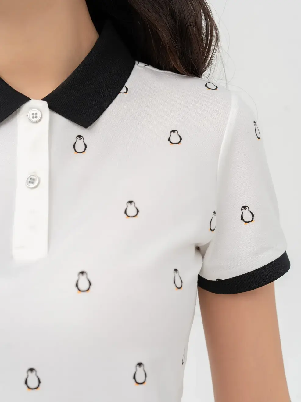 Áo Polo Nữ Mắt Chim In Chim Cánh Cụt - Trắng - S