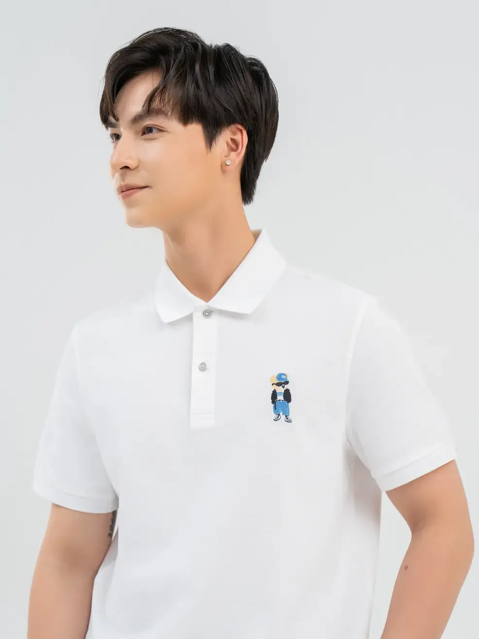 Polo Nam Sorona Oversize Thêu Gấu - Trắng - 3XL