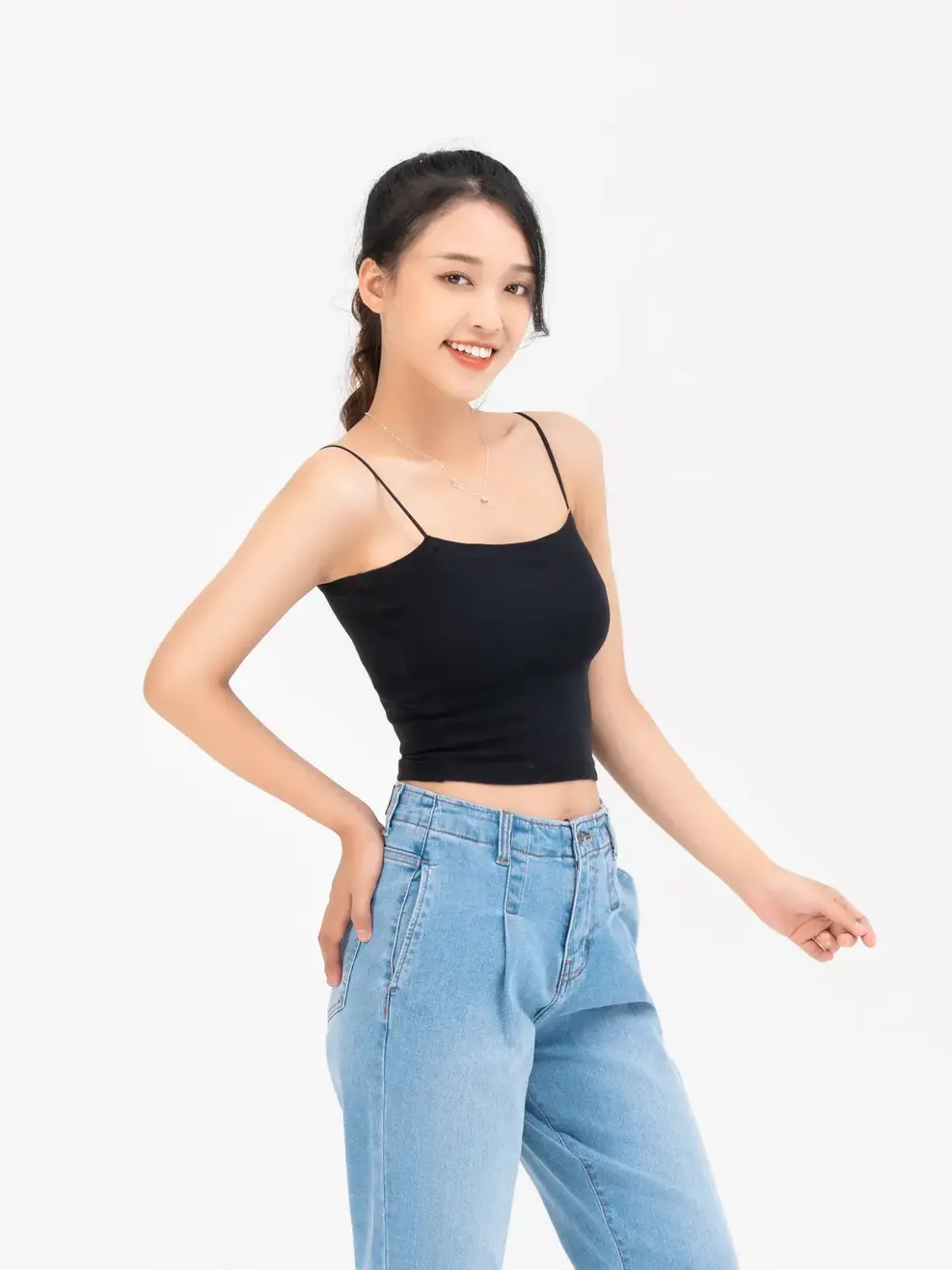 Áo hai dây nữ ôm sát dáng lửng - Đen - S