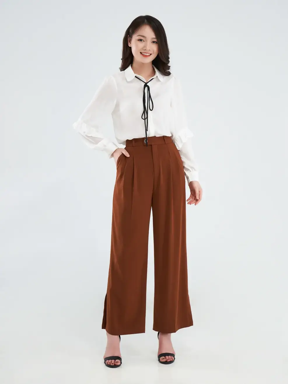 Quần suông mềm xẻ gấu cạp cao - Nâu - L