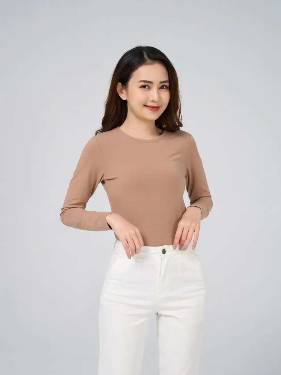 Áo giữ nhiệt nữ cổ tròn - Nâu - S