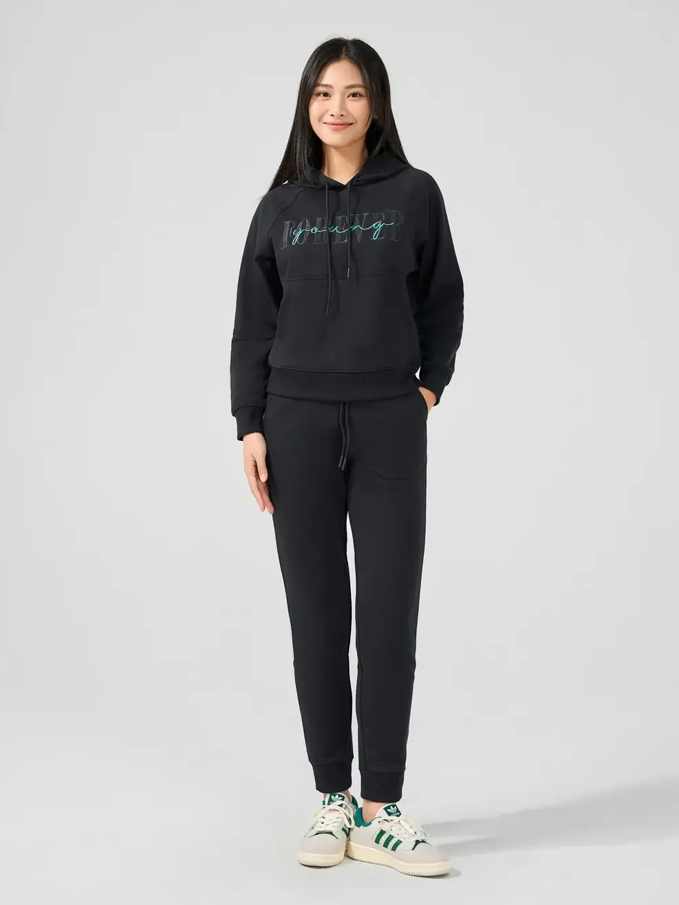 Bộ Đông Nữ Hoodie In Hình - Đen - S