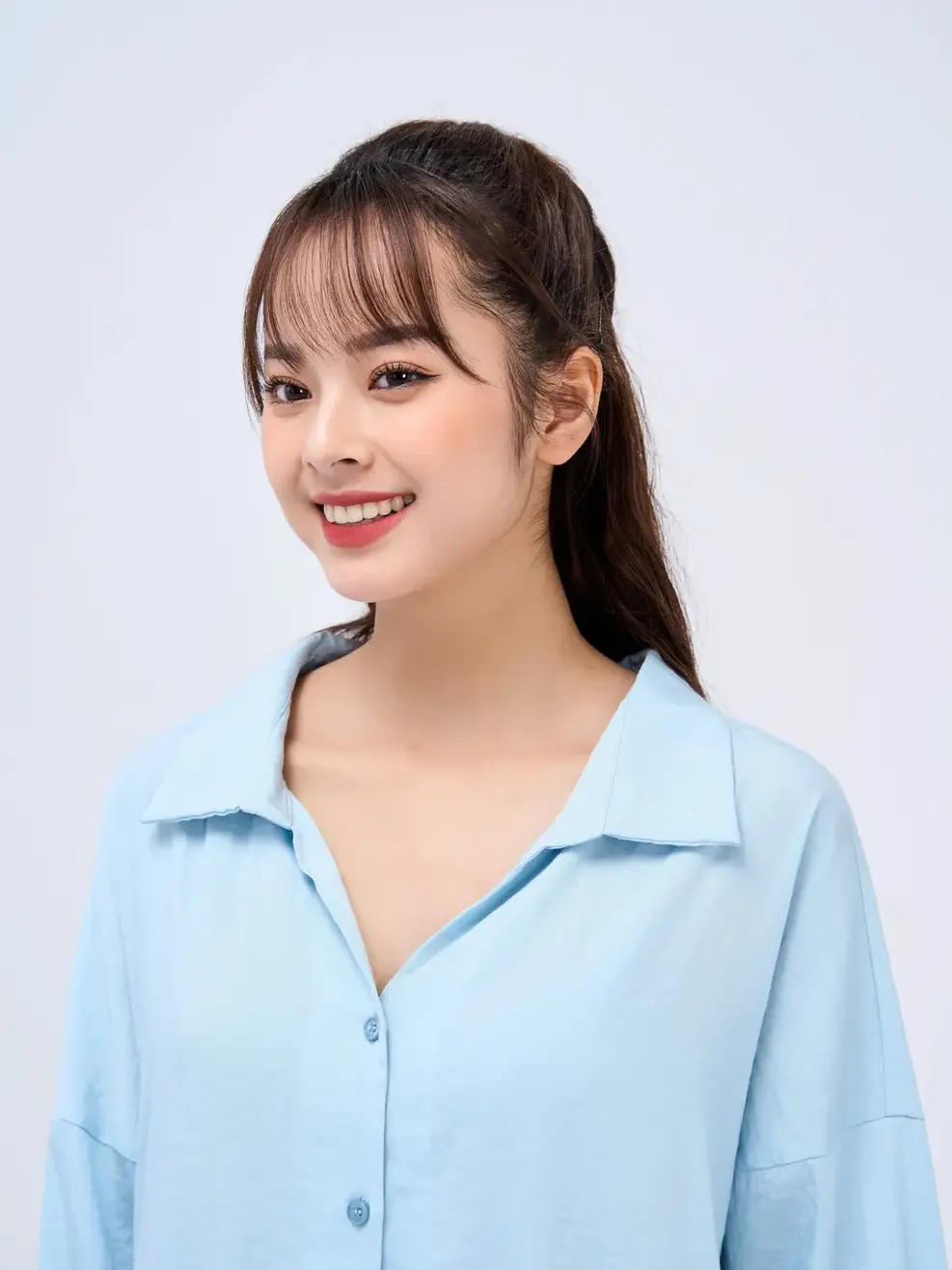 Sơ mi dài tay nữ suông cổ trễ - Xanh - L