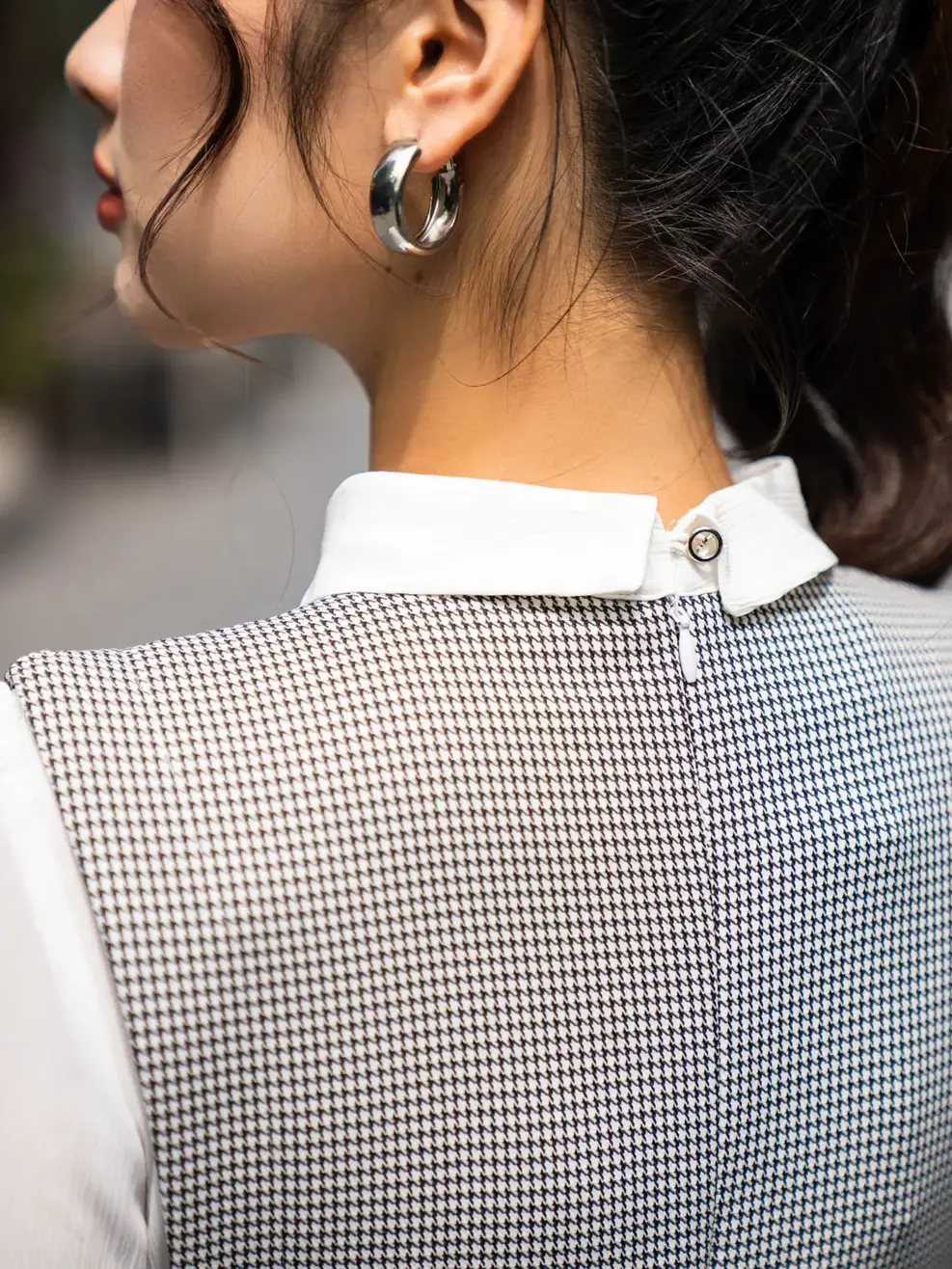 Đầm Đông Nữ Kẻ Tay Phối - Kẻ đen trắng - S