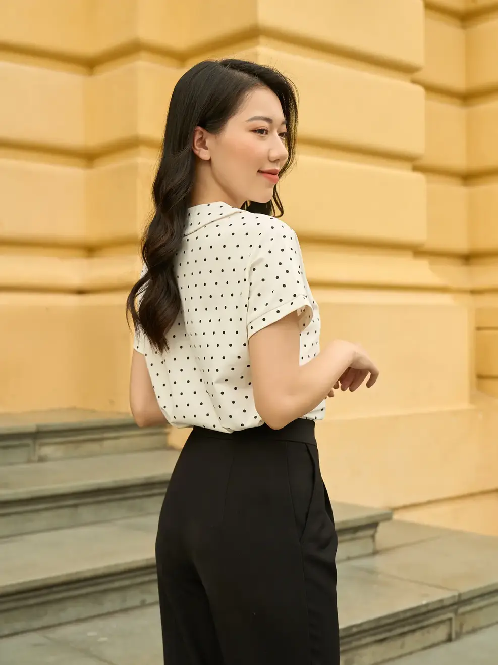 Áo polo nữ mắt chim chấm bi cổ sen - Trắng - S