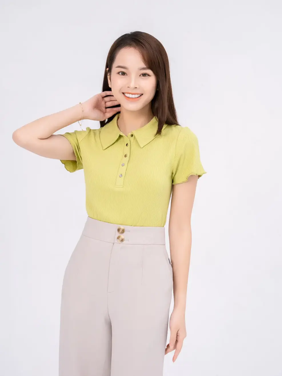 Áo polo nữ thun gân mở nẹp - Xanh - S