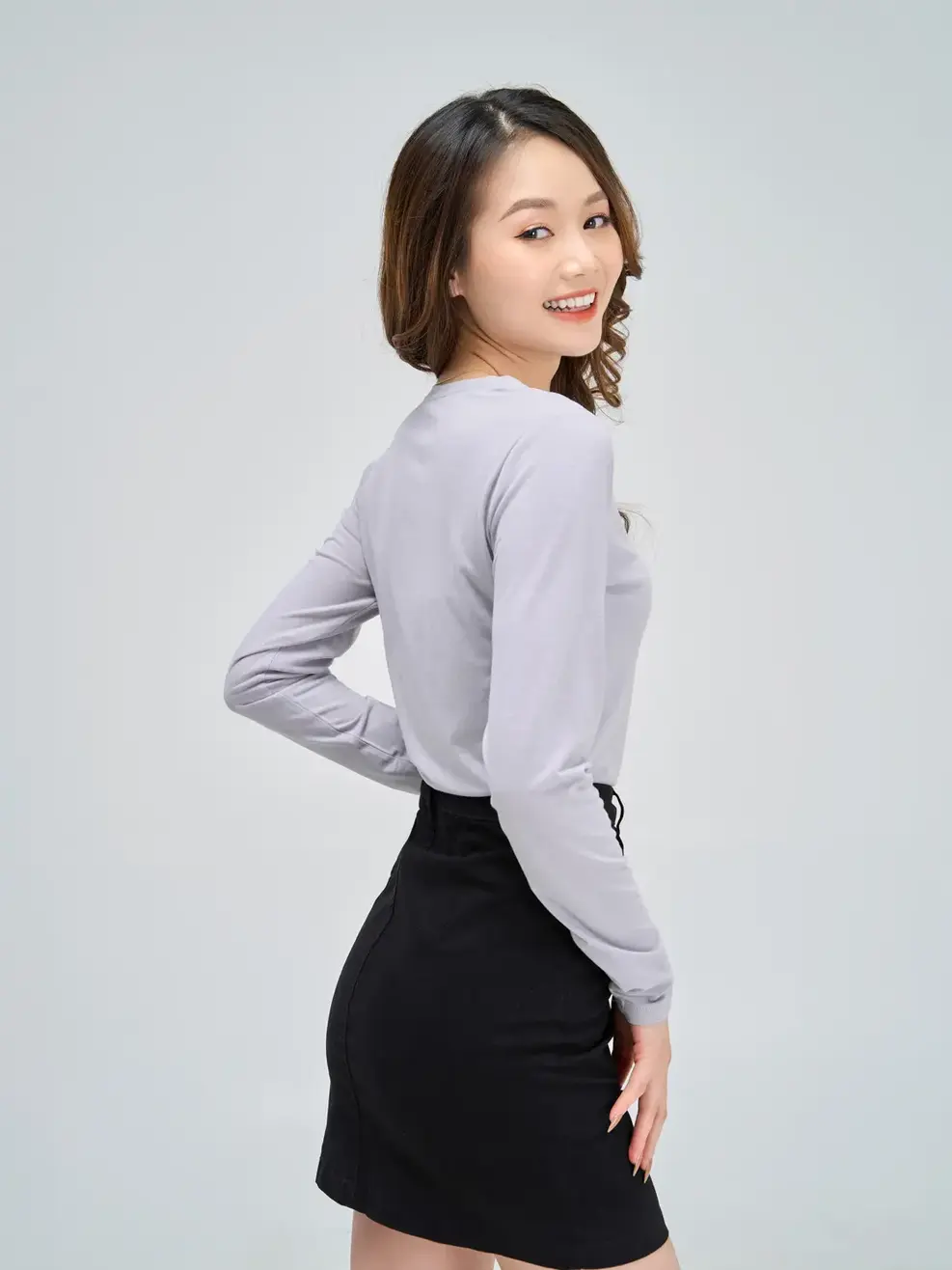 Áo giữ nhiệt nữ cổ tròn - Ghi - XL