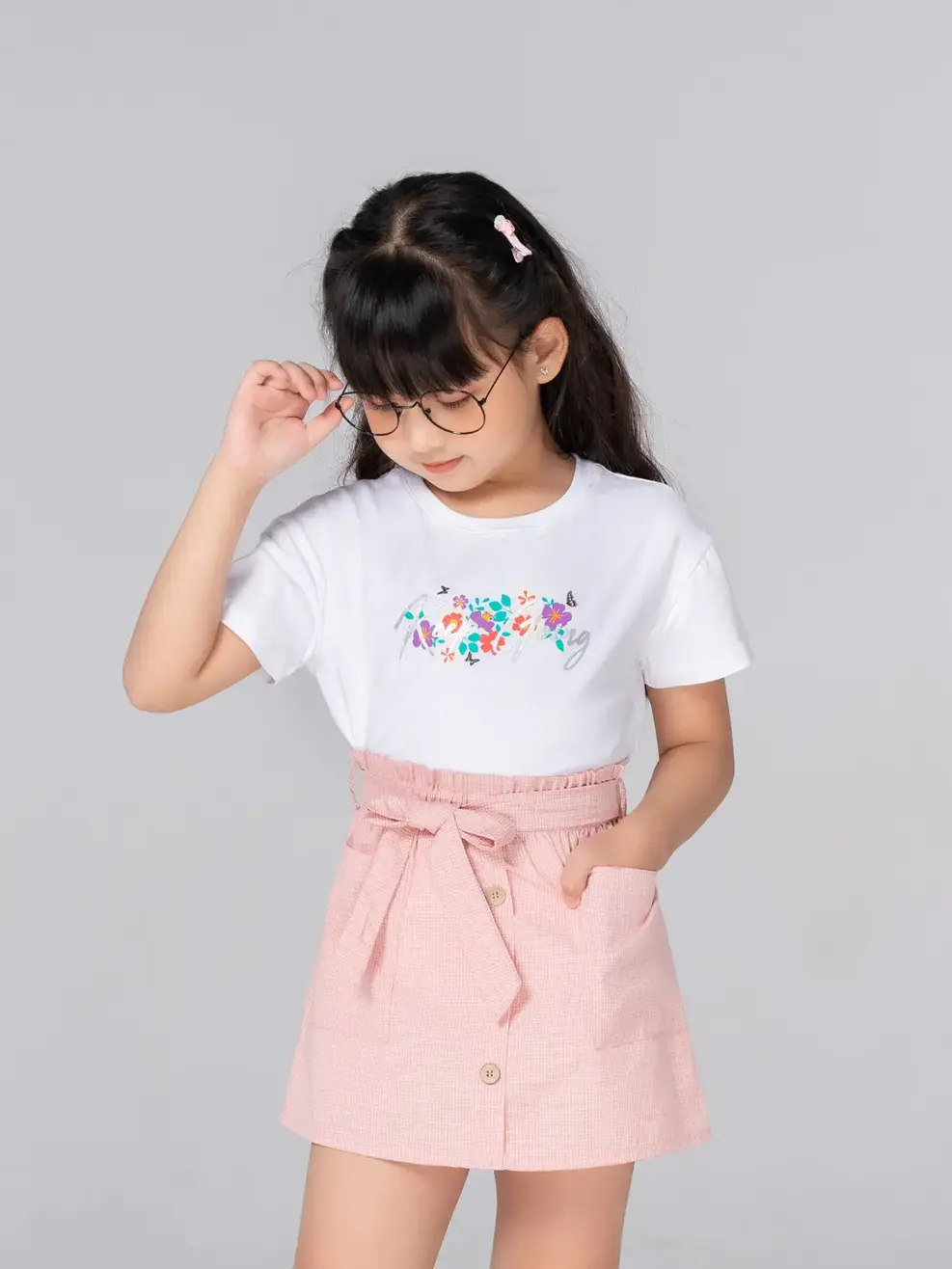 Chân váy kid nhỏ A túi vuông đai nơ - Hồng - 6