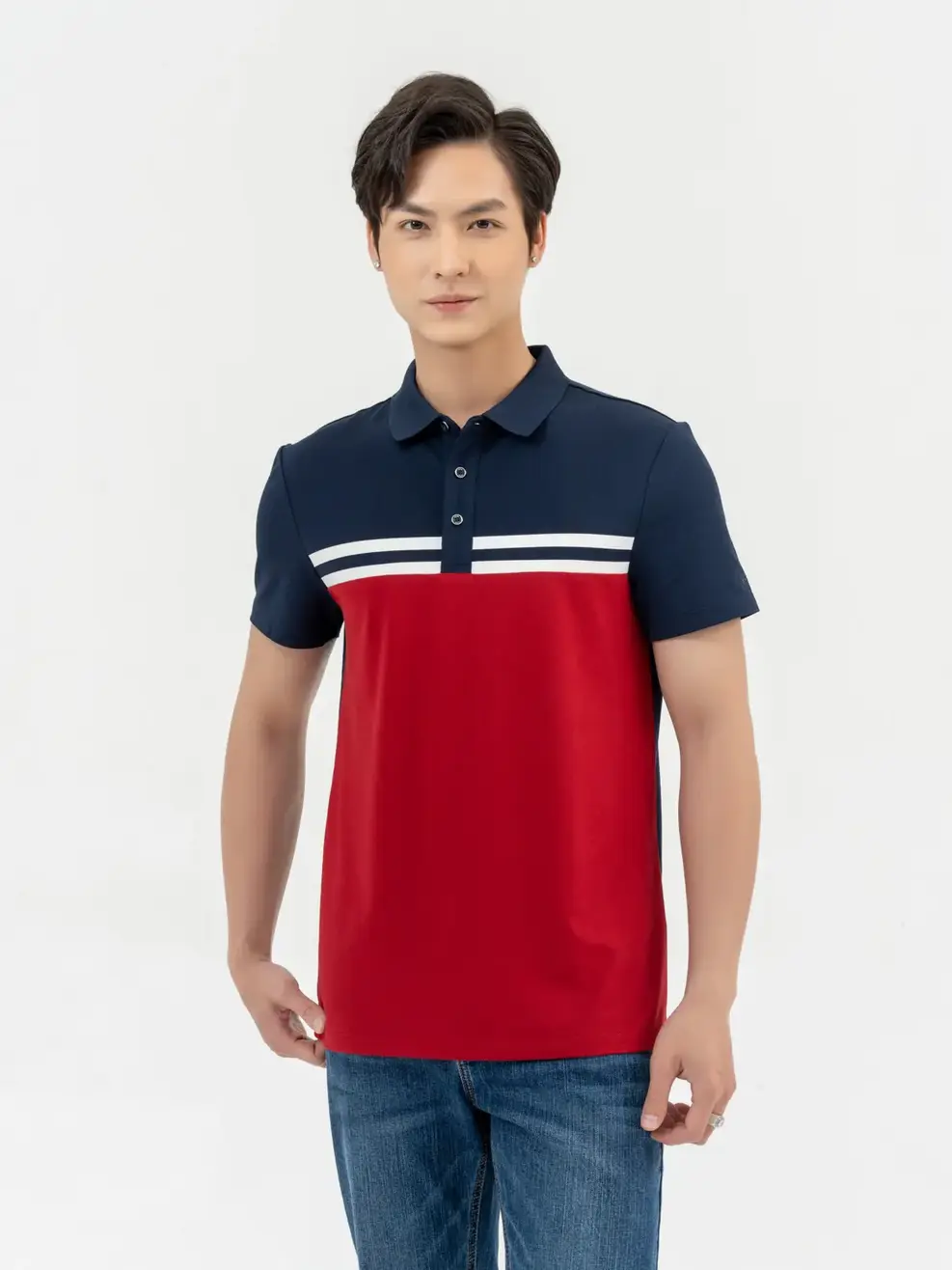 Áo Polo Nam Mắt Chim Phối Màu In Kẻ - Đỏ - M